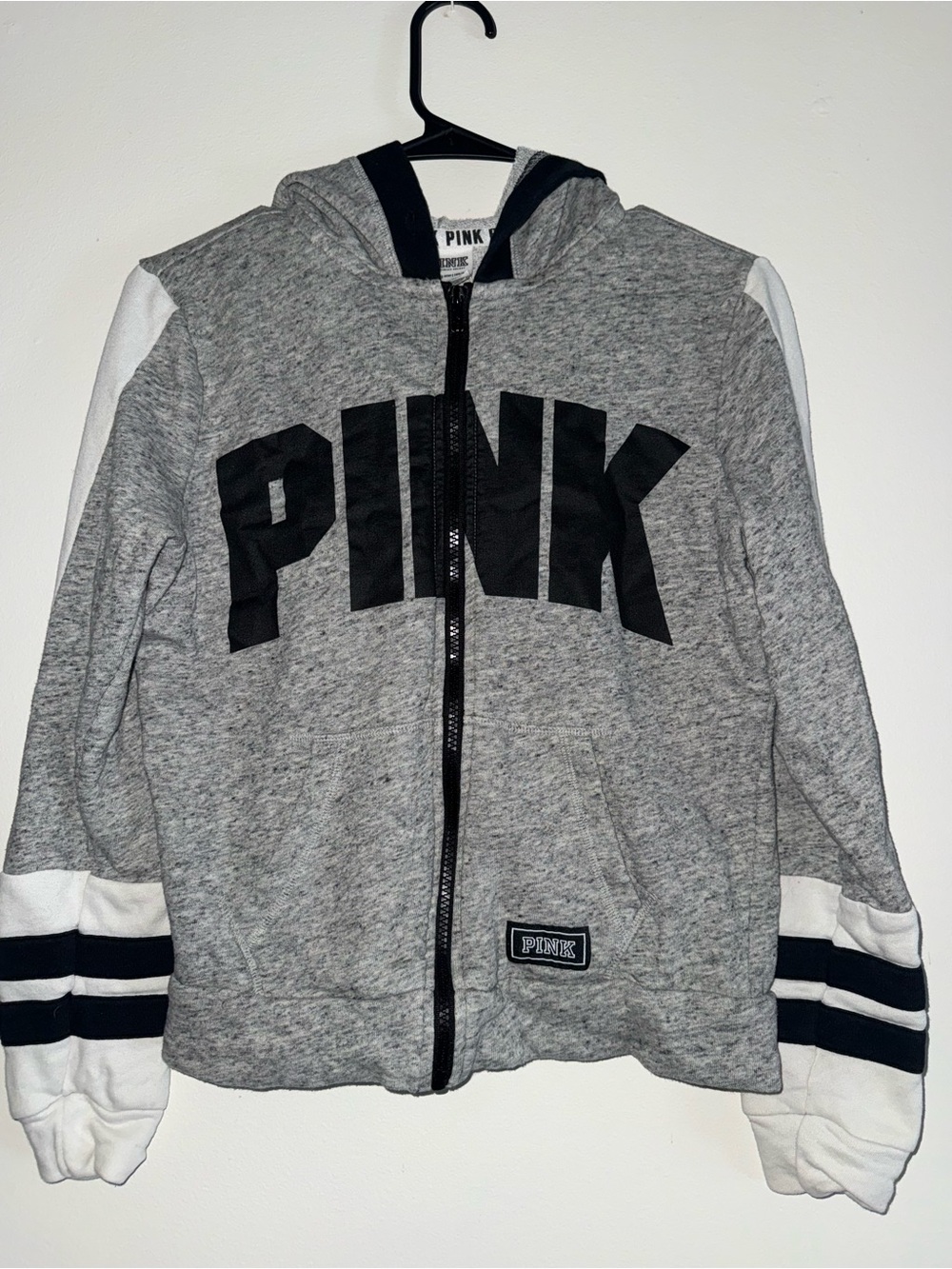 Victoria's Secret PINK Gray Hoodie with White Sleeve Stripes